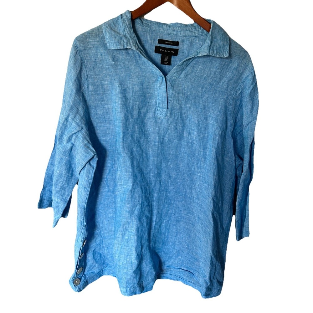 Tahari Top Womens 1X Blue 100% Linen Lagenlook Boxy Coastal Vacation Beachy - Picture 2 of 4